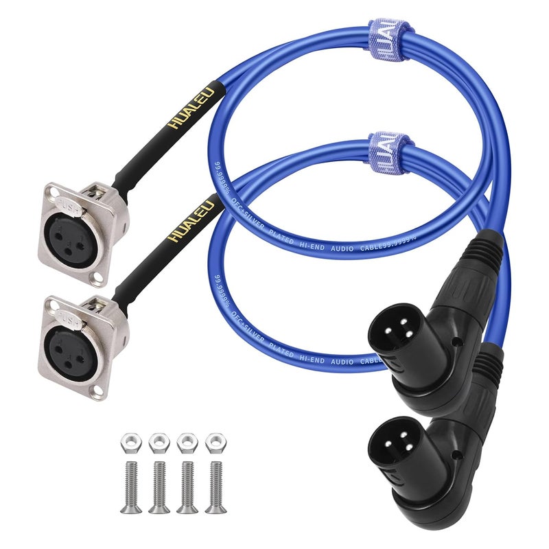 HUALEU كابل XLR ذكر 3 دبابيس بزاوية 2 قدم، لوحة توصيل XLR أنثى إلى ذكر من نوع D، كابل صوت متوازن صندوق أرضي - بدون لحام لتركيبات الصوت الاحترافية - موصل نحاسي مطلي بالفضة 20AWG - عبوة من 2 - Image 1
